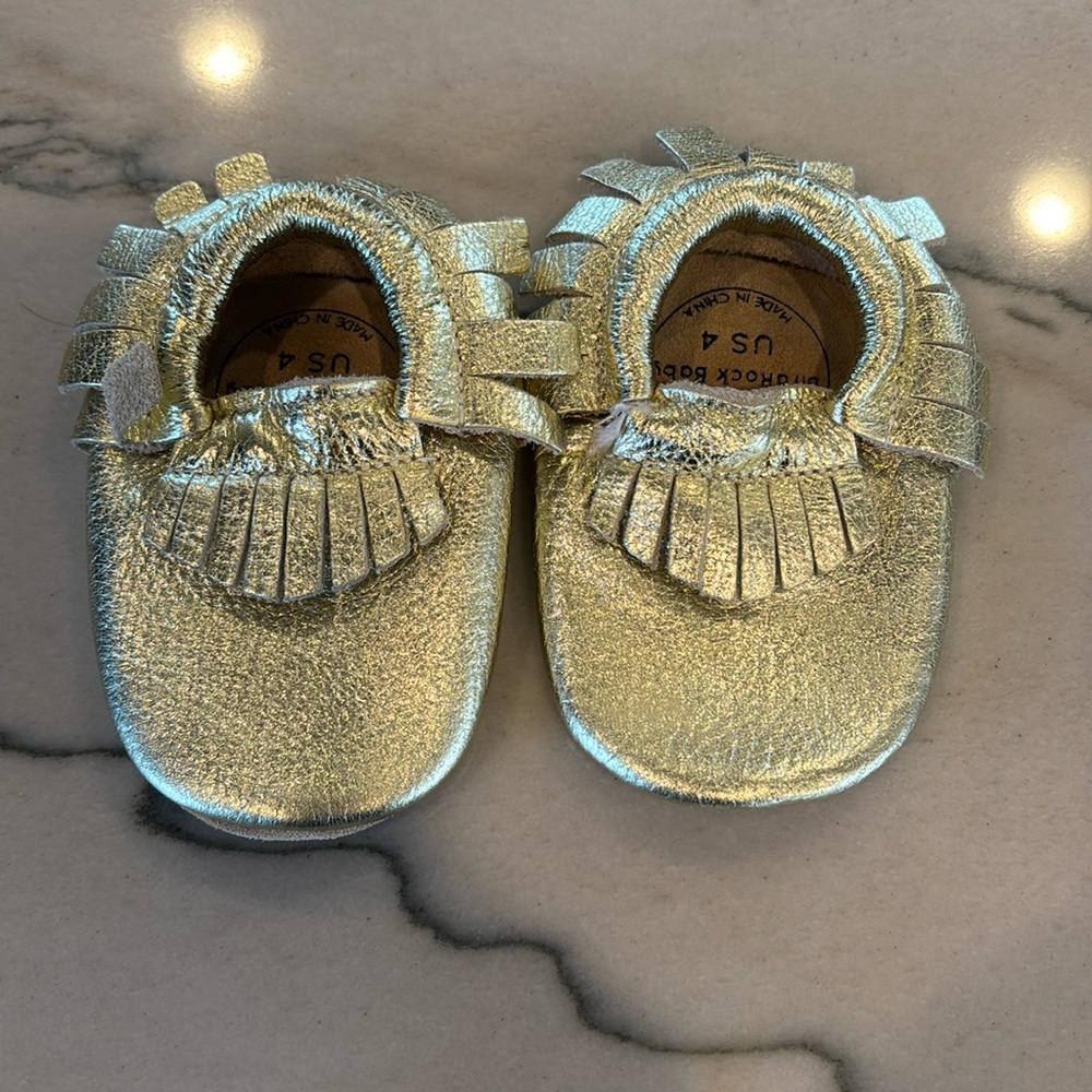 Gold Bird Rock baby moccasins
